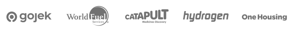 Client logos: Gojek, World Fuel Services, Catapult, Hydrogen, One Housing